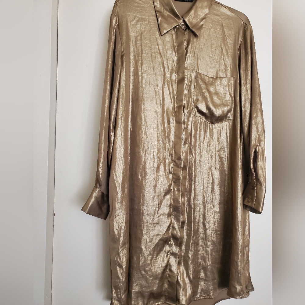 Zara mettalic Gold shirt dress size Large